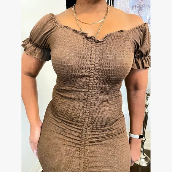 (NWT) Smocked Ruched Dress (Midi or Mini) - Brown - Picture 4 of 6